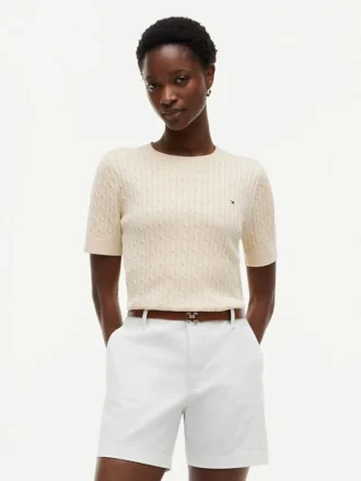 Short-Sleeve Cable Knit Sweater