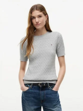 Short-Sleeve Cable Knit Sweater