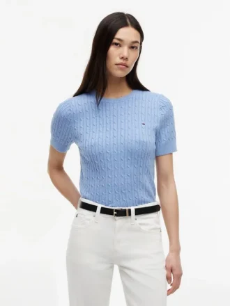 Short-Sleeve Cable Knit Sweater