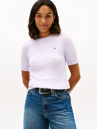 Short-Sleeve Cable Knit Sweater