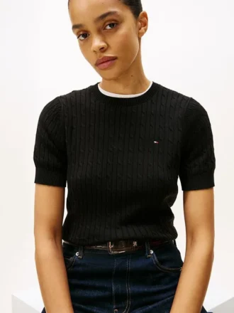 Short-Sleeve Cable Knit Sweater