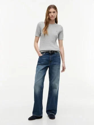 Short-Sleeve Cable Knit Sweater