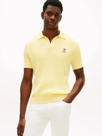Short-Sleeve Cable Knit Sweater Polo