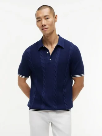 Short-Sleeve Cable Knit Sweater Polo