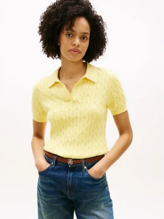 Short-Sleeve Cable Knit Sweater Polo