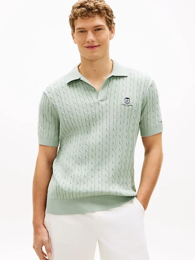 Short-Sleeve Cable Knit Sweater Polo Short-Sleeve Cable Knit Sweater Polo