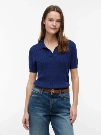 Short-Sleeve Cable Knit Sweater Polo