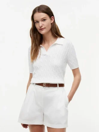 Short-Sleeve Cable Knit Sweater Polo