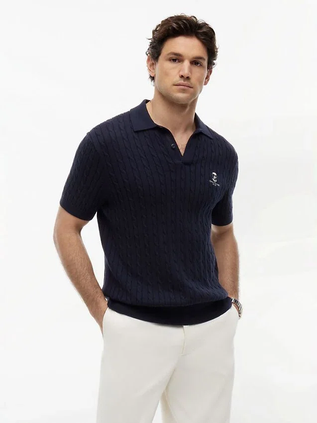Short-Sleeve Cable Knit Sweater Polo Short-Sleeve Cable Knit Sweater Polo