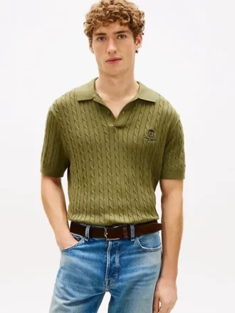 Short-Sleeve Cable Knit Sweater Polo