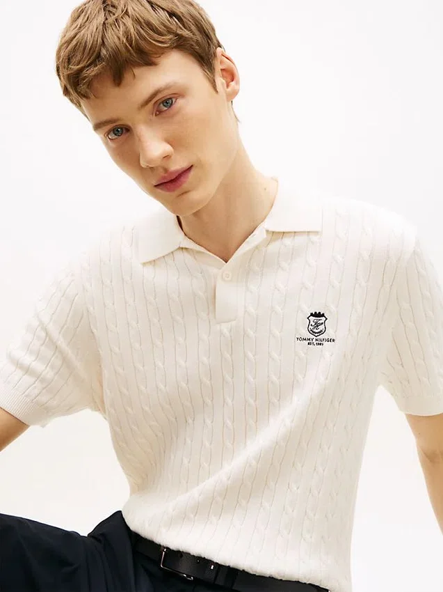 Short-Sleeve Cable Knit Sweater Polo Short-Sleeve Cable Knit Sweater Polo