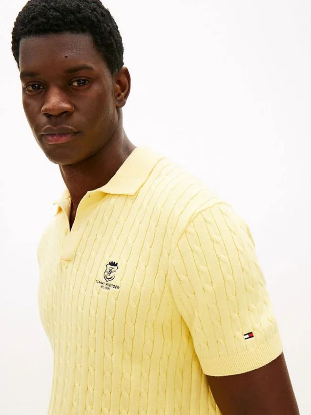 Short-Sleeve Cable Knit Sweater Polo Short-Sleeve Cable Knit Sweater Polo