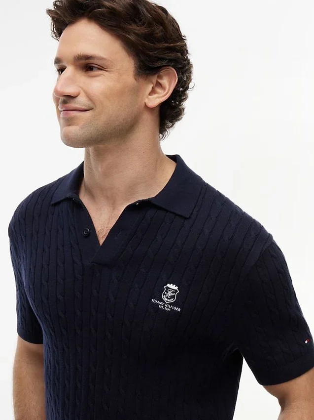 Short-Sleeve Cable Knit Sweater Polo Short-Sleeve Cable Knit Sweater Polo