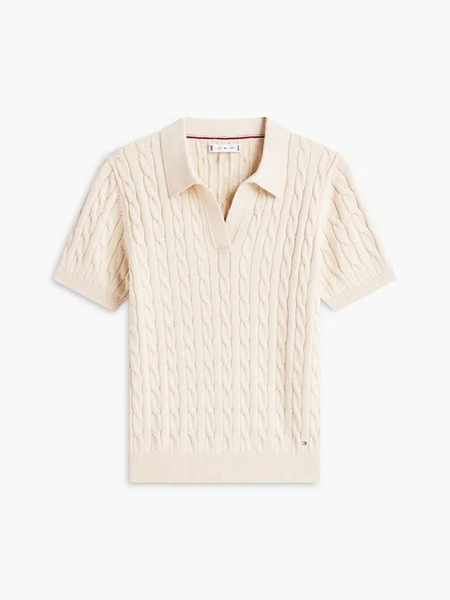 Short-Sleeve Cable Knit Sweater Polo Short-Sleeve Cable Knit Sweater Polo