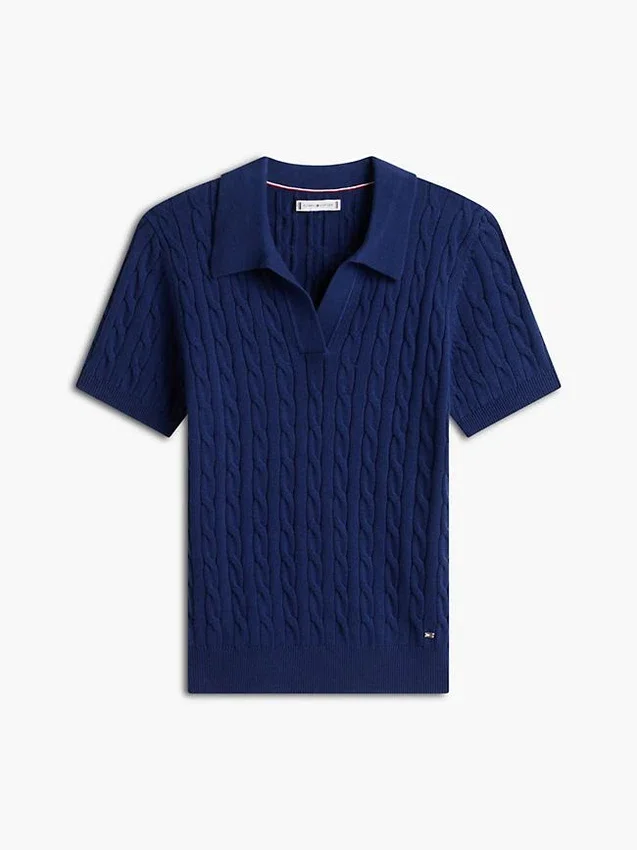 Short-Sleeve Cable Knit Sweater Polo Short-Sleeve Cable Knit Sweater Polo