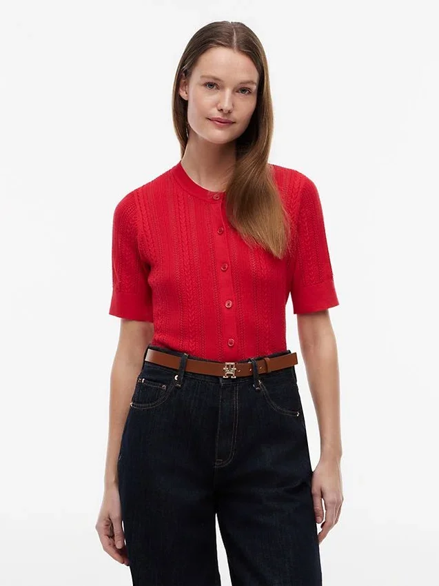 Short-Sleeve Mixed-Knit Cardigan Short-Sleeve Mixed-Knit Cardigan