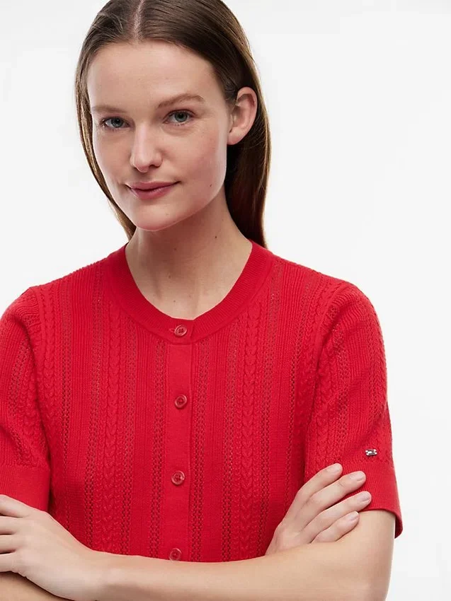 Short-Sleeve Mixed-Knit Cardigan Short-Sleeve Mixed-Knit Cardigan