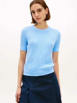 Short-Sleeve Pointelle Pocket Sweater