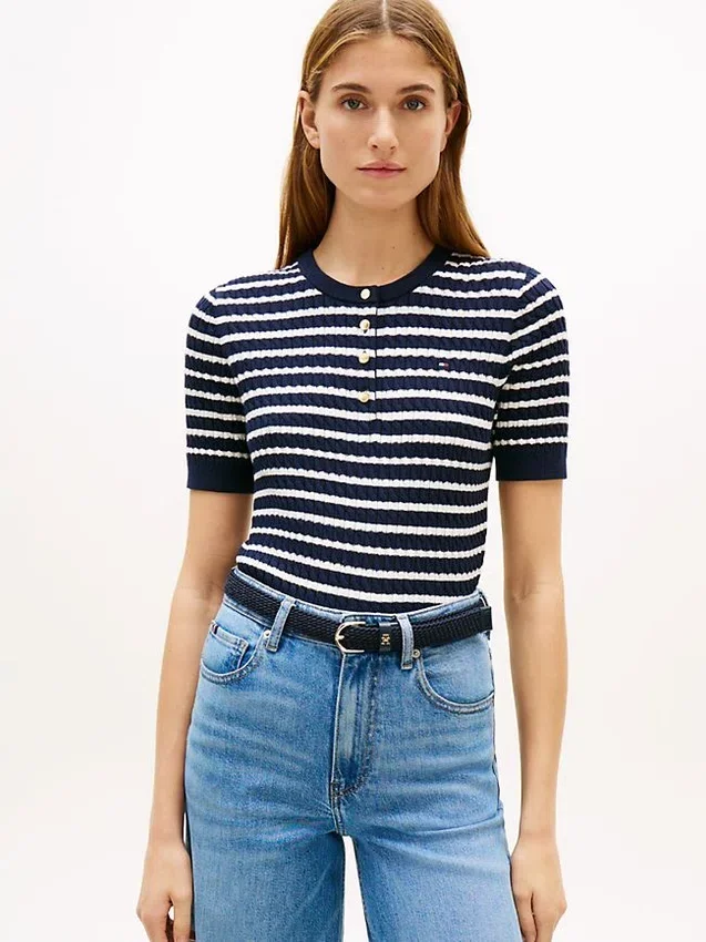 Short-Sleeve Stripe Cable Knit Henley Short-Sleeve Stripe Cable Knit Henley
