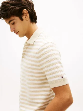 Short-Sleeve Stripe Waffled Sweater Polo