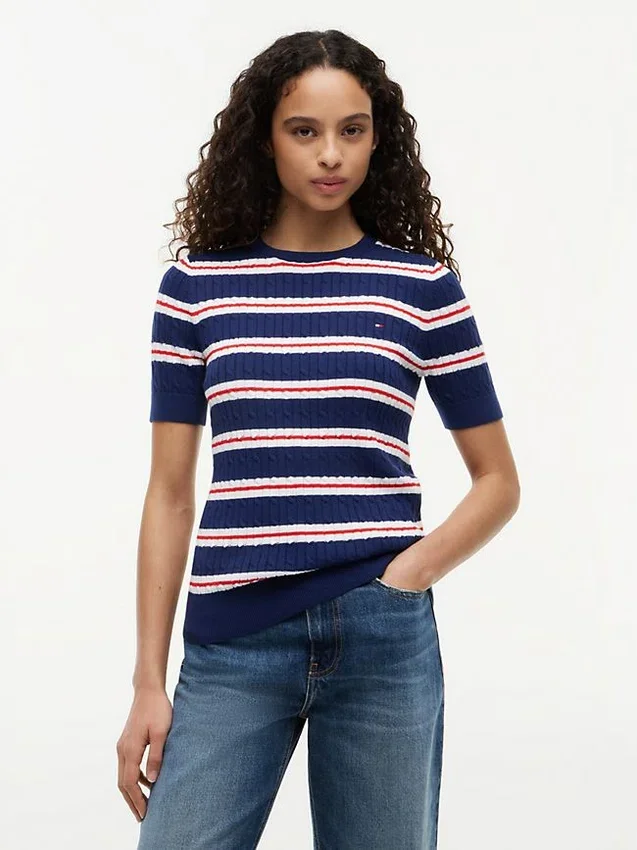 Short-Sleeve Striped Cable Knit Sweater Short-Sleeve Striped Cable Knit Sweater