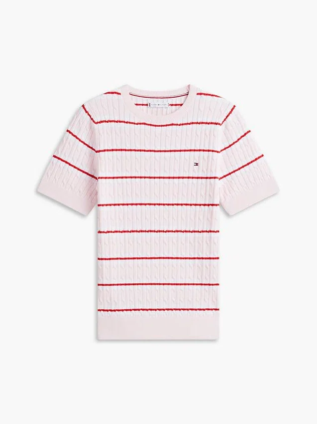 Short-Sleeve Striped Cable Knit Sweater Short-Sleeve Striped Cable Knit Sweater