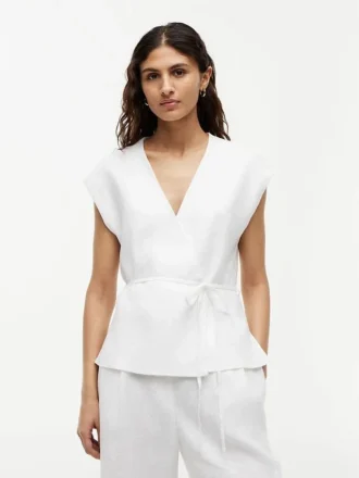 Sleeveless Linen-Blend Wrap Top