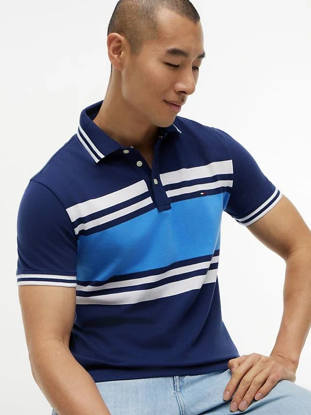 Slim Fit Block Stripe Stretch Pique Polo Slim Fit Block Stripe Stretch Pique Polo