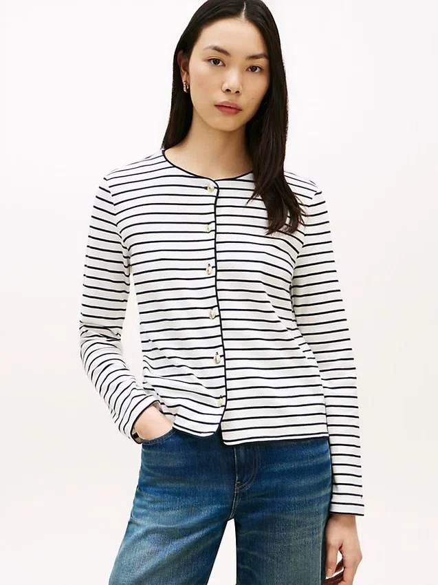Stripe Cotton Interlock Cardigan T-Shirt Stripe Cotton Interlock Cardigan T-Shirt