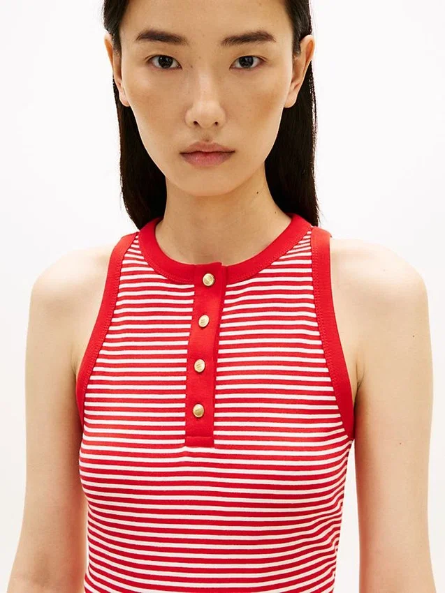 Stripe Gold-Button Henley Tank Top Stripe Gold-Button Henley Tank Top