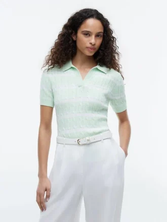 Striped Cable Knit Sweater Polo
