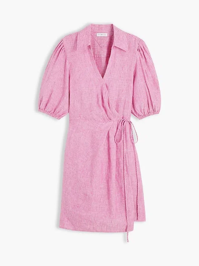 Striped Linen Mini Wrap Dress Striped Linen Mini Wrap Dress
