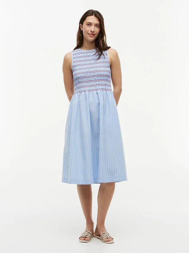 Striped Shirred Poplin Midi Dress Striped Shirred Poplin Midi Dress