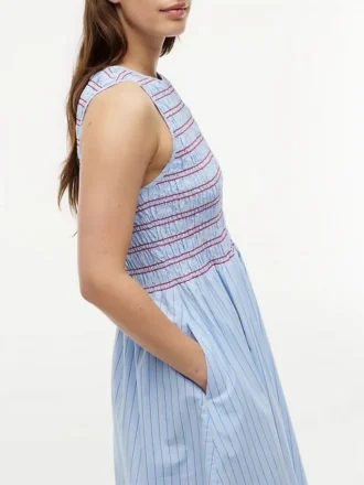 Striped Shirred Poplin Midi Dress