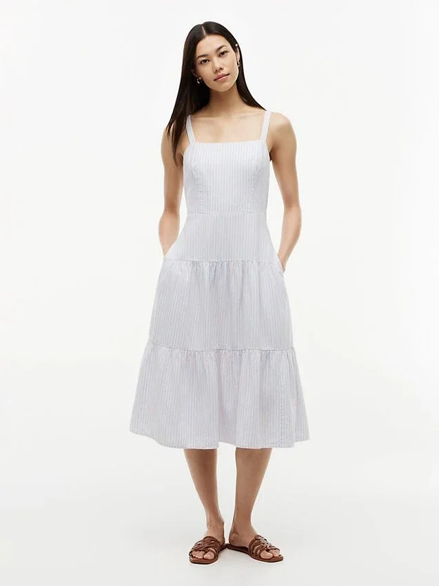 Striped Tiered Linen-Blend Midi Dress Striped Tiered Linen-Blend Midi Dress
