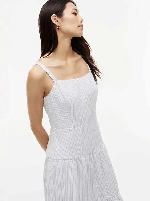 Striped Tiered Linen-Blend Midi Dress Striped Tiered Linen-Blend Midi Dress