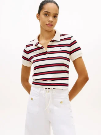 Tie-Front Stripe Stretch Pique Polo