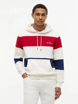 Tricolor Stripe Brushed-Back Hoodie