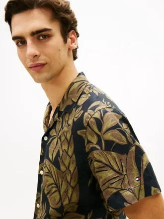 Tropical Print Linen Camp Shirt