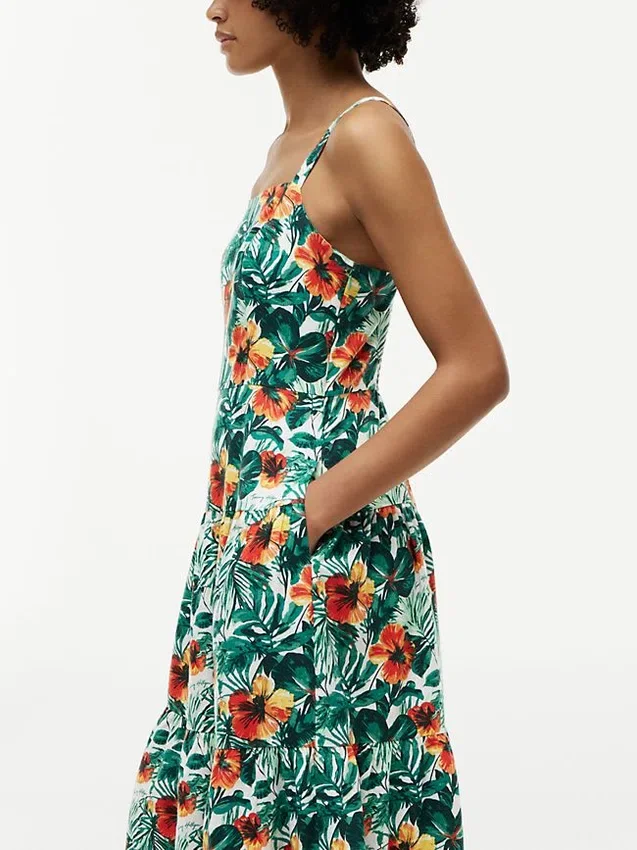 Tropical Print Tiered Linen-Blend Dress Tropical Print Tiered Linen-Blend Dress